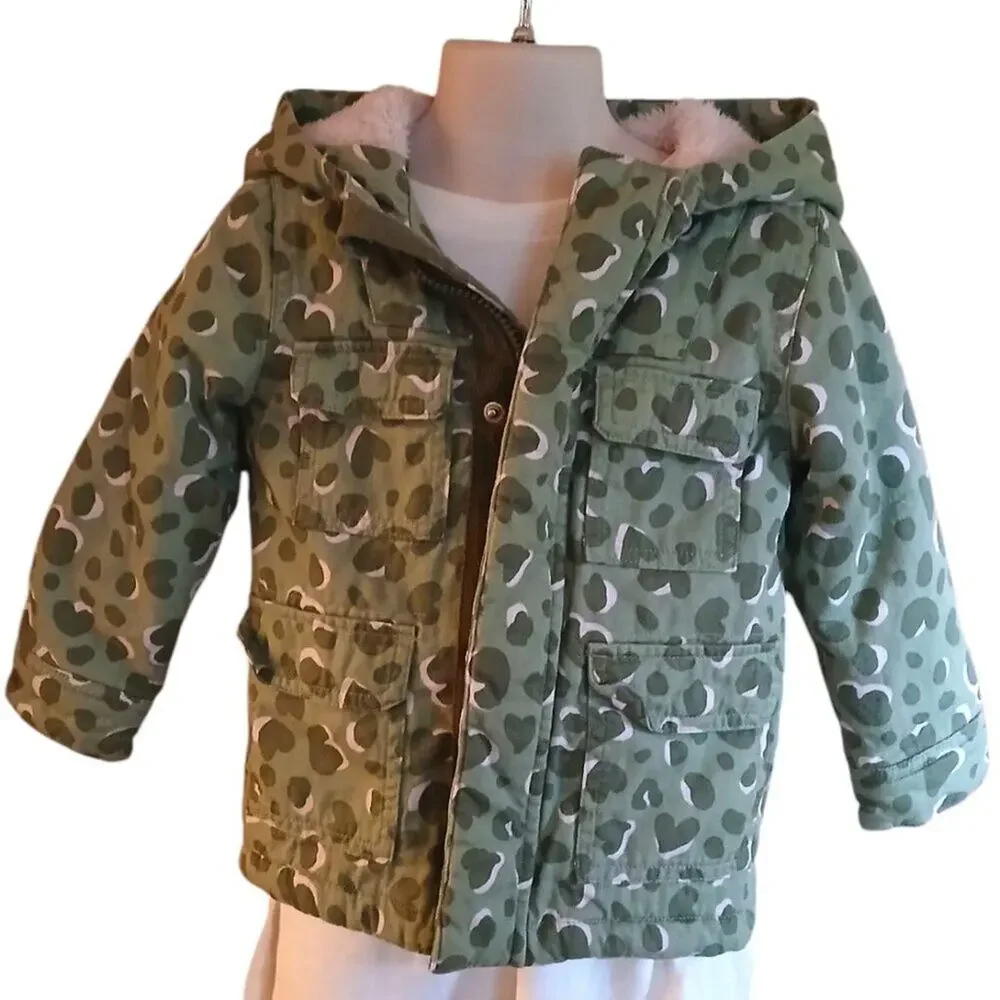 Girls Cat & Jack Green Leopard print long Sleeve Hooded Jacket Size 2T